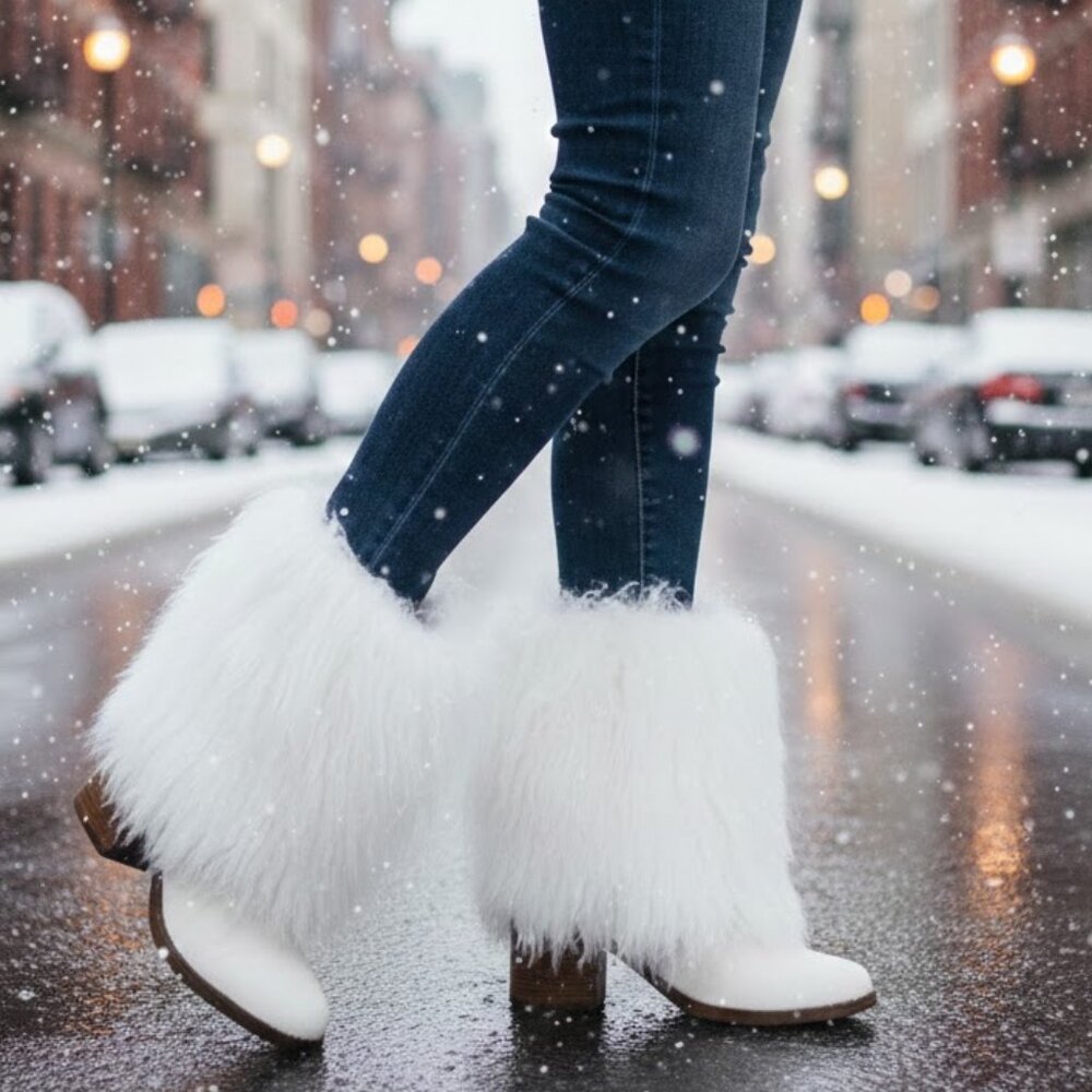 Bearpaw Botica White Shearling Curly Lamb Fur Sherpa High Heel Boho Boots 8 NEW